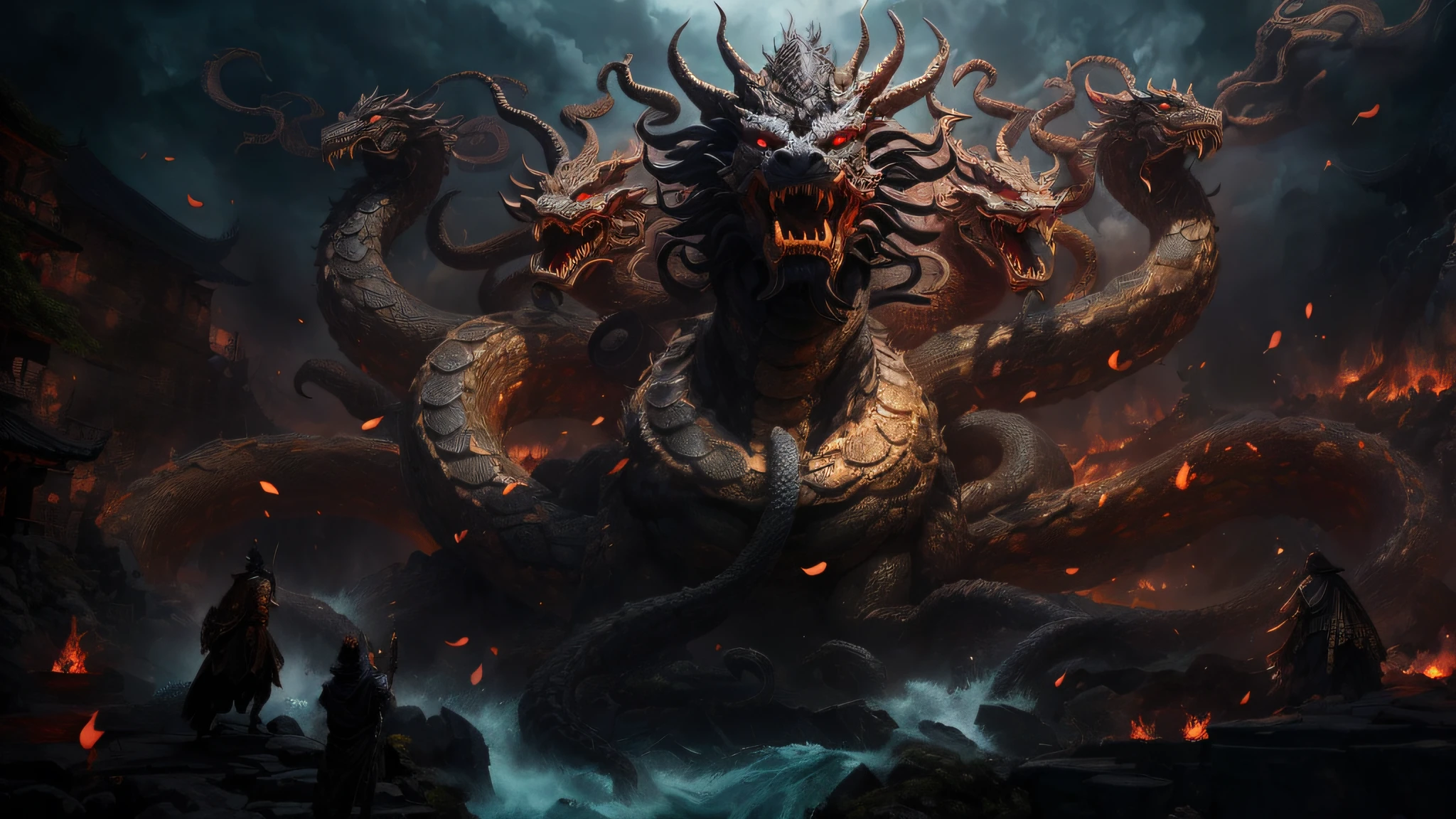 Arafard's image,A giant monster with horns and a man standing in front of it, the hydra from path of exile, Symmetrical epic fantasy art, Eight-headed snake, chinese dragon concept art, Hydra, epic fantasy digital art, Epic fantasy digital art style, epic fantasy artwork, naga-tirr, jörmungandr, big long hell serpent octopus