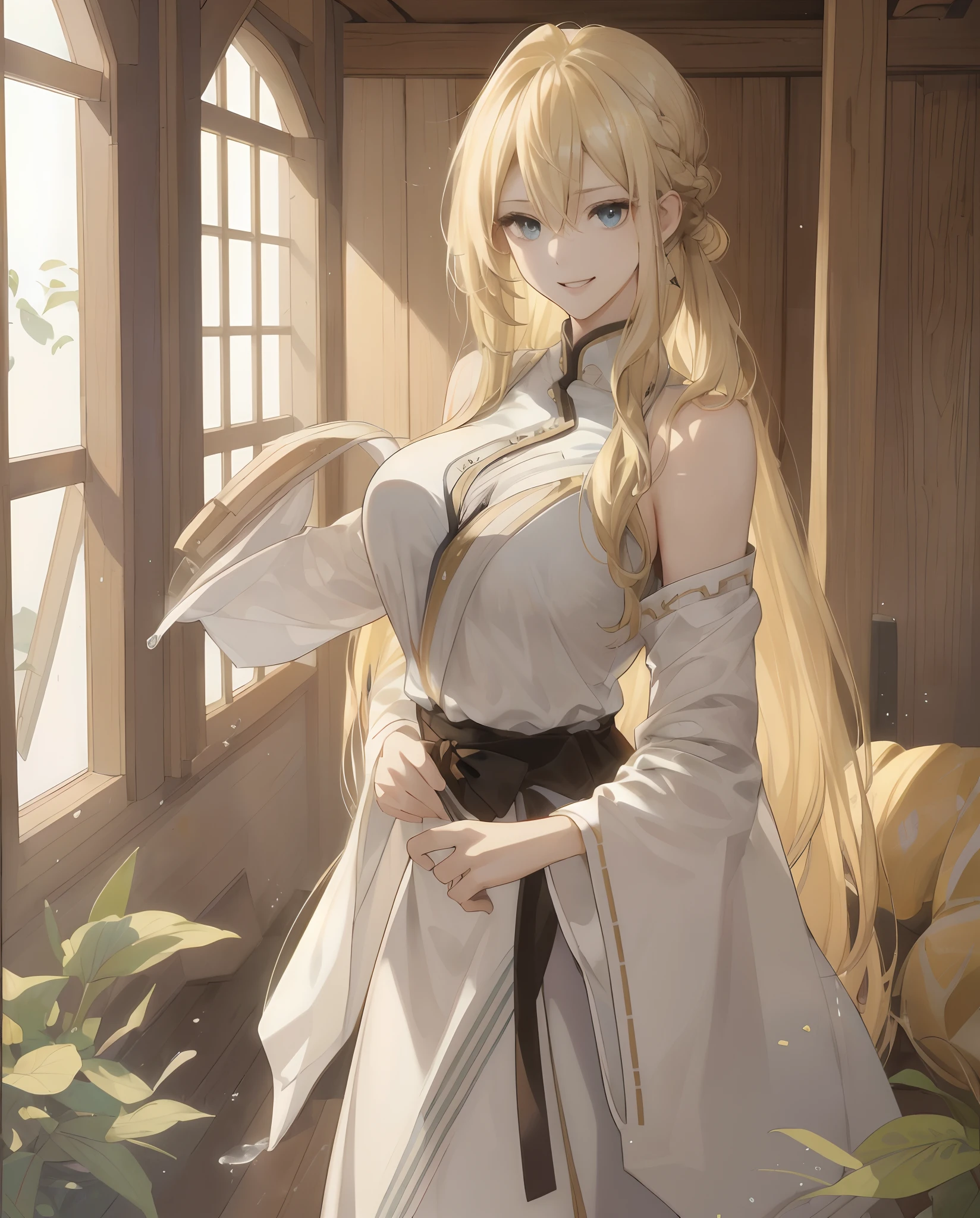 ((Best Picture Quality, 8k, tmasterpiece:1.3)), 1girl, Beautiful woman with slender abs:1.3, (Hairstyle: Blonde hair with long hair, Leaky big breasts:1.2), 比基尼:1.1, Ultra-fine face, A detailed eye, 二重まぶた，ssmile，Home