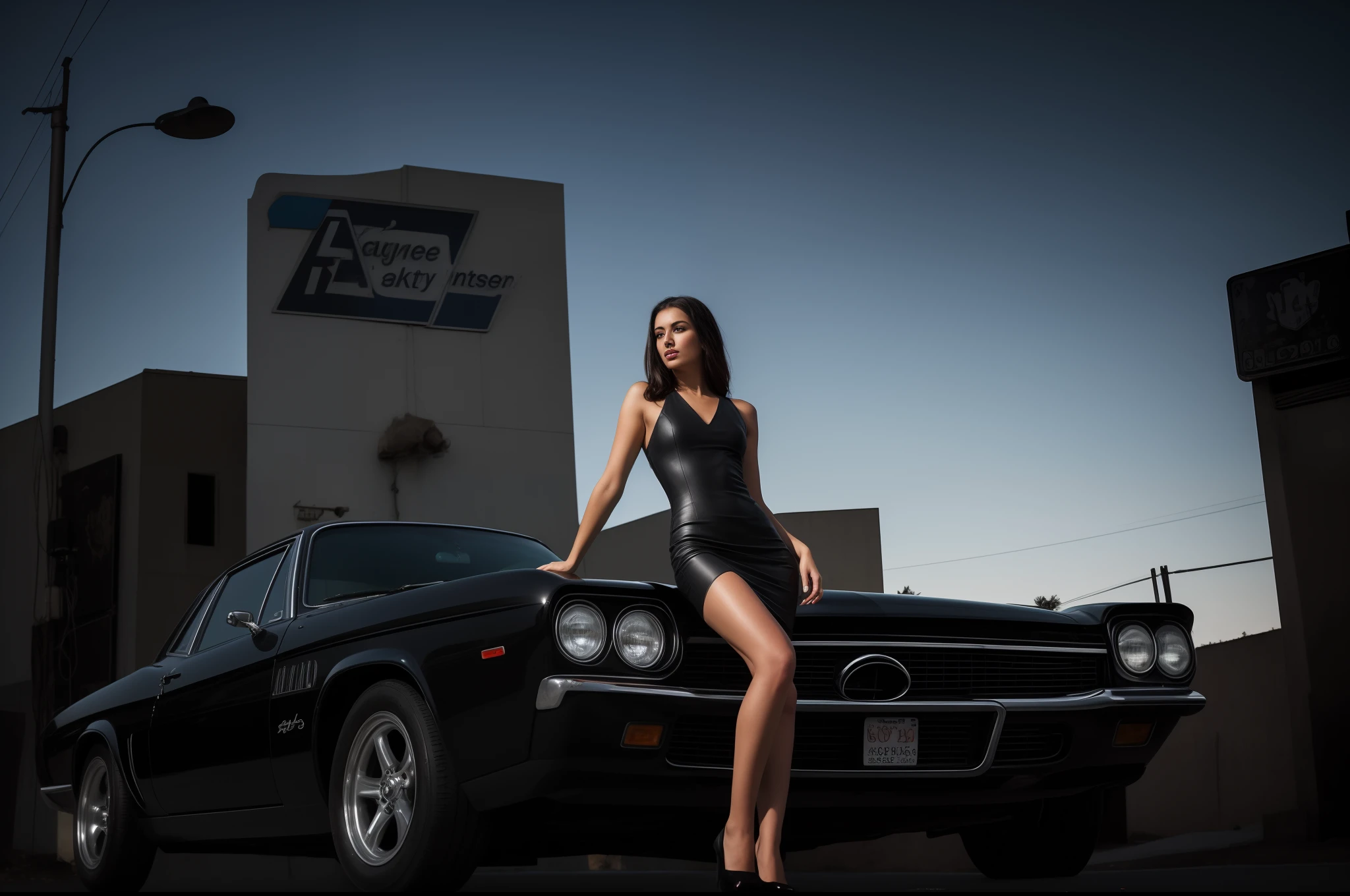 arafed woman in a black dress standing on a stool, photo of slim girl model, sleek legs, posing in dramatic lighting, model standing pose, model posing, beautiful slim legs, long thin legs, wearing a tight black dress, side pose, fashion model pose, fashion model photography, posed in profile, 2 4 year old female model, glamour pose, cars around abandoned gas station sign made from a rocket beautiful blue sky Clutter-Home (AtomPunkStyleSD15:1.0), (masterpiece:1.2) (photorealistic:1.2) (bokeh) (best quality) (detailed skin) (intricate) (8k) (HDR) (cinematic lighting) (sharp focus)