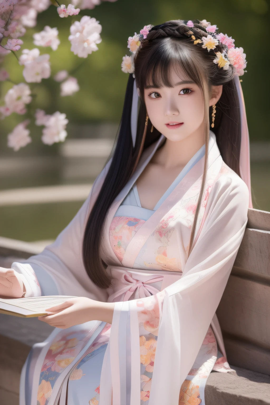 hands_, realistic,
1girl, brown hair, hair ornament, lantern, solo, sitting, paper lantern, long hair, brown eyes, realistic, hair bun, bare shoulders, flower, hair flower, chinese clothes, looking at viewer, japanese clothes, double bun, kimono, lips
((wash painting)),((ink s...,