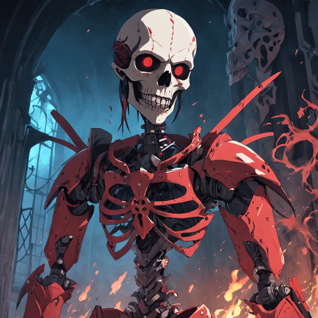assassins，Medieval pretend，epic sense，SKULL ROBOT，With red tattered skin，