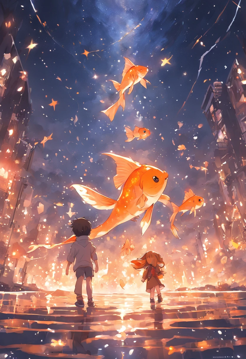 Stars shine,Colorful,Huge goldfish float over the city,Huge tail,Cute and cute,KIDS ILLUSTRATION,Glow effects,Dingdall effect,depth of fields,high light,Real light,Ray traching,oc rendered,Hyper-realistic,best qualtiy,8K,Works of masters,super-fine,Detailed pubic hair,Correct anatomy