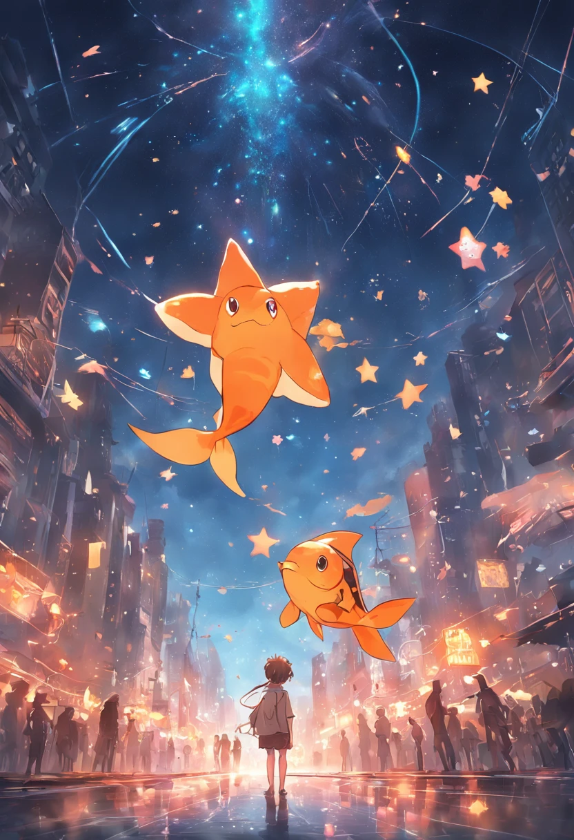 Stars shine,Colorful,Huge goldfish float over the city,Huge tail,Cute and cute,KIDS ILLUSTRATION,Glow effects,Dingdall effect,depth of fields,high light,Real light,Ray traching,oc rendered,Hyper-realistic,best qualtiy,8K,Works of masters,super-fine,Detailed pubic hair,Correct anatomy