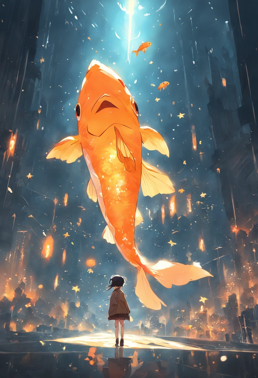 Stars shine，Colorful，Huge goldfish float over the city，Huge tail，Cute and cute，KIDS ILLUSTRATION，Glow effects，Dingdall effect，depth of fields，high light，Real light，Ray traching，oc rendered，Hyper-realistic，best qualtiy，8K，Works of masters，super-fine，Detailed pubic hair，Correct anatomy