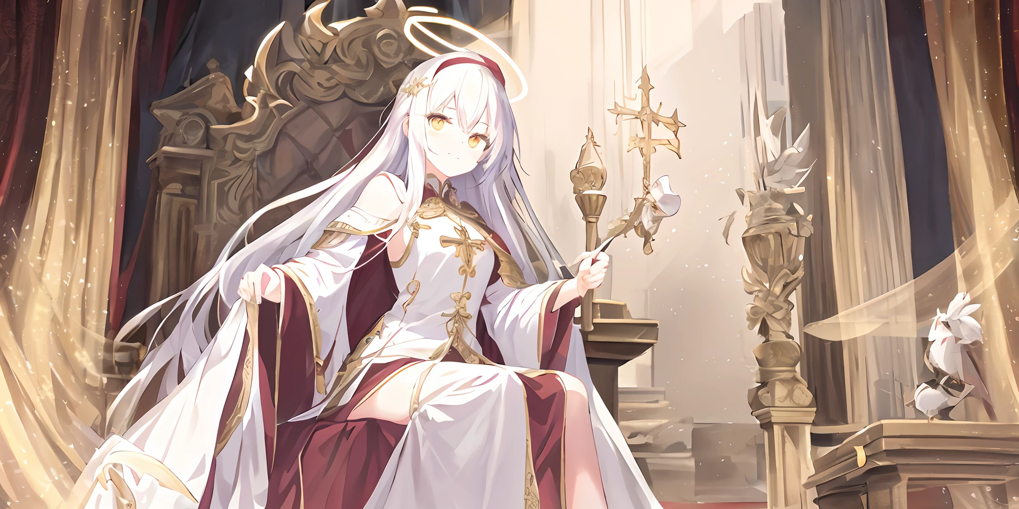 Pope all over the body,Poor milk,On the scepter,seated on a throne,((A big, Light white robe,The pattern is complex)),red shawl(1个Giant Breast Girl),(独奏),(cute anime face),Gold eyes,long white hair,ssmile,The halo,(Sit on a low throne),In a magnificent castle,A high resolution