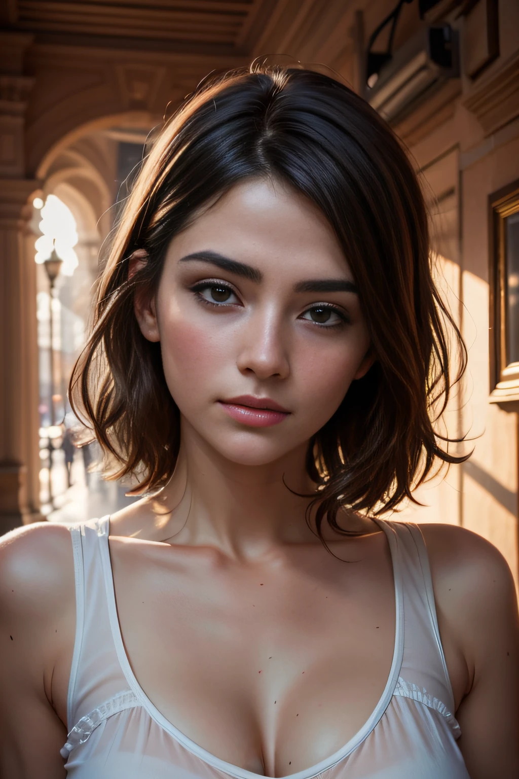 portrait of a young woman, 8k realistic, soft natural light, 85mm, sunshine on her face, cinematic lighting, lumen reflections, photography, nightclub environment, Hyperrealism,