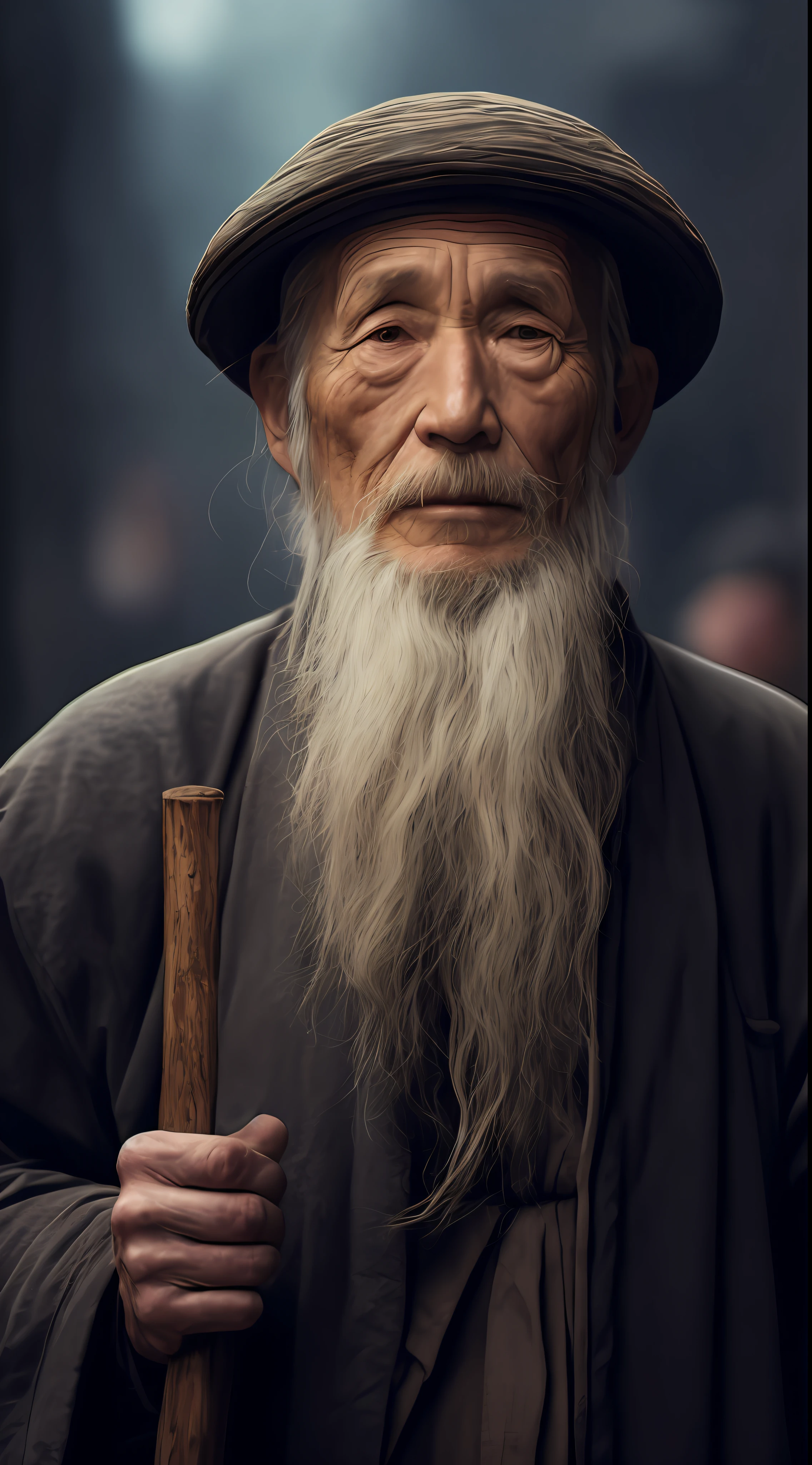 with a long beard,An Arafeld man wearing a hat with a stick, An old man, old man portrait, sharp looking portrait, peaceful expression, Wise old man, stunning portrait, Beautiful portrait, portrait photo of an old man, Old man, a old man, Serene expression, portrait of monk, of an old man, Portrait of an old man, Perfectly centered portrait