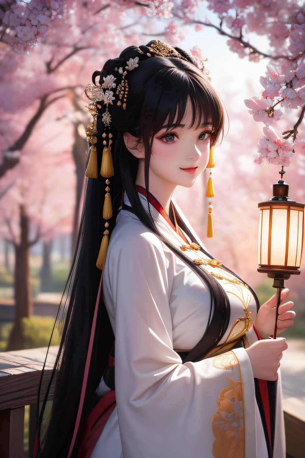 masterpiece,Master Works,best quality,extremely detailed CG,8k wallpaper,beautiful detailed girl,Long shot,Defined 'real' light source,Outdoor,1girl,solo,smile,perfect female figure,Real photos,Long hair,Hanfu,Chinese Apparel,(colorful:1.3),upper body,Look to the reader,Realistic,(Huge bust:1.2),