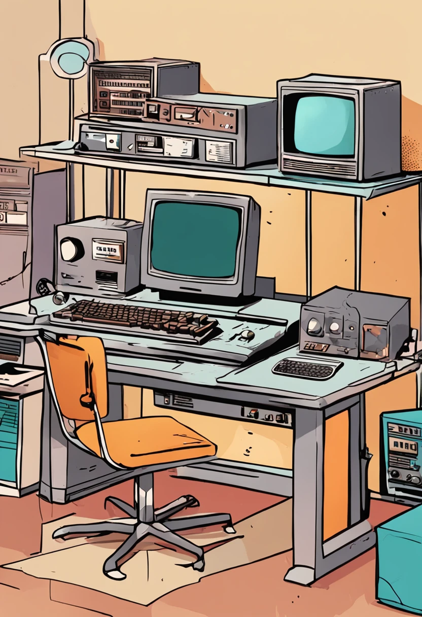 There is a small desk with a computer, teclado, and other electronic equipment, monitor de computador antigo, computador antigo, 1 9 8 0 s tecnologia, retro style and 1 9 8 0 s, background 1970s office, 1 9 8 0 s computadores, computadores antigos, 1 9 8 0 s analog video, computer aesthetic, baixa luminosidade, Dirty and messy environment, realistic scenario
