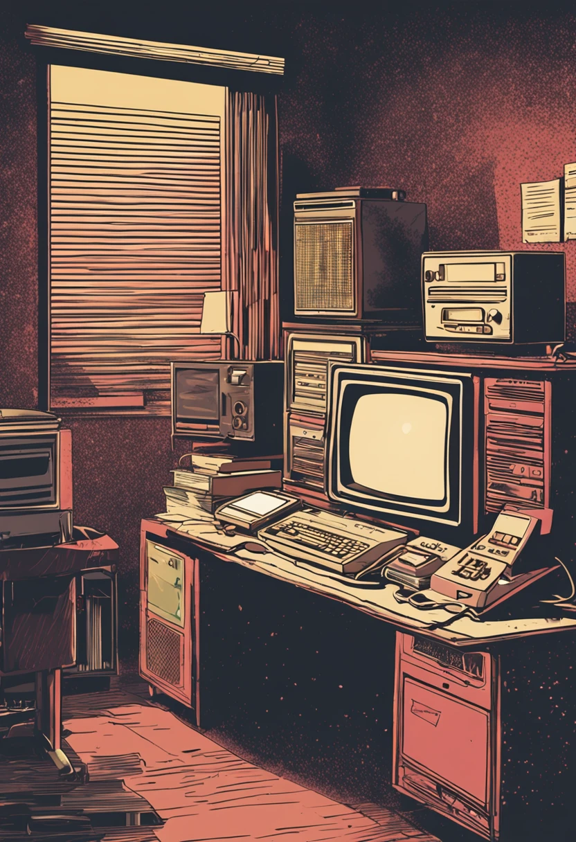 There is a small desk with a computer, teclado, and other electronic equipment, monitor de computador antigo, computador antigo, 1 9 8 0 s tecnologia, retro style and 1 9 8 0 s, background 1970s office, 1 9 8 0 s computadores, computadores antigos, 1 9 8 0 s analog video, computer aesthetic, baixa luminosidade, Dirty and messy environment, realistic scenario