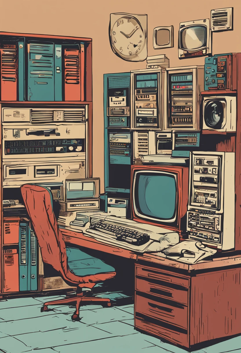 There is a small desk with a computer, teclado, and other electronic equipment, monitor de computador antigo, computador antigo, 1 9 8 0 s tecnologia, retro style and 1 9 8 0 s, background 1970s office, 1 9 8 0 s computadores, computadores antigos, 1 9 8 0 s analog video, computer aesthetic, baixa luminosidade, Dirty and messy environment, realistic scenario