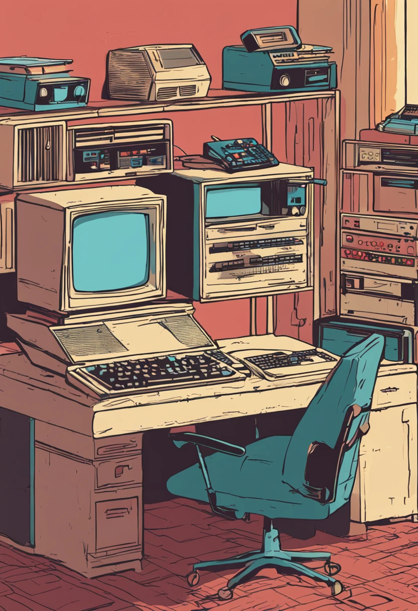There is a small desk with a computer, teclado, and other electronic equipment, monitor de computador antigo, computador antigo, 1 9 8 0 s tecnologia, retro style and 1 9 8 0 s, background 1970s office, 1 9 8 0 s computadores, computadores antigos, 1 9 8 0 s analog video, computer aesthetic, baixa luminosidade, Dirty and messy environment, realistic scenario