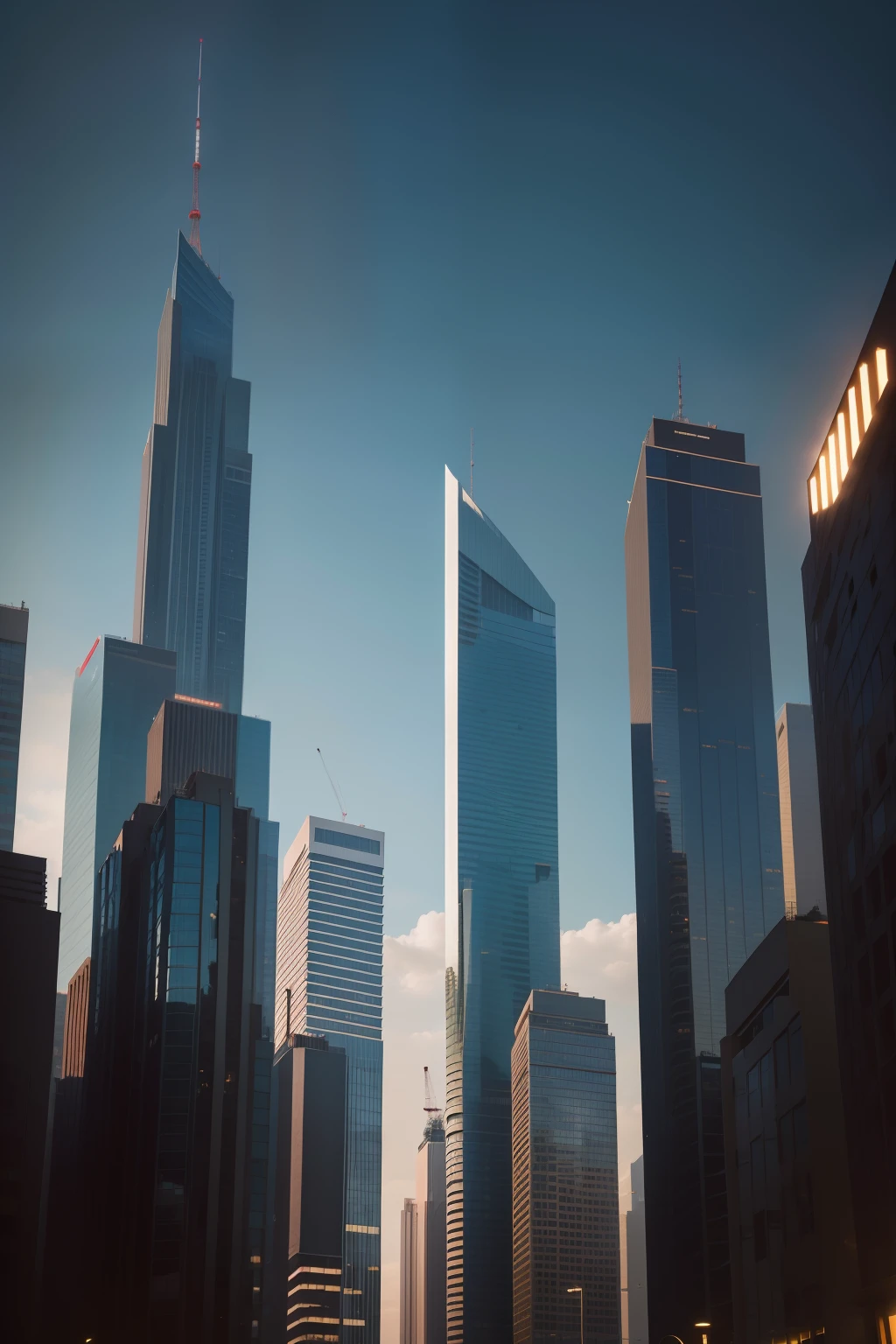 There are many buildings under construction with street lights, f / 1. 9 6. 8 1 mm ISO 4 0, there is blue sky, tall buildings on the sides, cinematic shot ar 9:16 -n 6 -g, tall buildings in background, Tall structures, High rises, High-rise buildings, Tall structures, view over city, dynamic blue sky