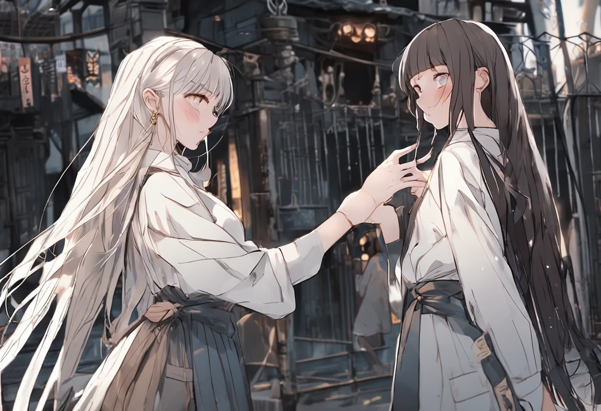 (Best Quality), (Masterpiece), (Raw Photo), Master, Very Beautiful, High Definition CG, 8k Wallpaper, Amazingly Fine Detail, Official Art, Huge File Size, High Definition, Darkness, Atmosphere, Mystic, Romanticism, Spooky, Literature, Art, Fashion, Elegant, Realistic, ((Perfect Anatomical Depiction of the Human Body))), Two girls are waiting for someone holding hands side by side in the shade of the city, one is looking here, (two are of different races), qincai, one has blonde blue eyes and partially braided long hair,
One is a twin-tailed brunette Japan with beautiful whitening skin, (very huge), (super big), (thin waist), (big buttocks), (thin thighs), (skin turns white), baby fat white blouse of smooth thin fabric with dark crimson ribbon tie)), (blouse breasts are very cramped), (no bra), (dark areola), ( blouse crushes large breasts and spreads to the sides),
((Dark blue tartan checked micro mini pleated skirt)), (Skirt length is short enough to show the buttocks), (White and big and dirty panties that cover the buttocks)), (No skin exposed on upper body), (Neat clothes with all buttons fastened), (Shot from behind), ((Frame-in from the knees up)), Dark, out of sunlight, (Backlit shooting), (No makeup) Ribbon tie, accessories earrings only, bowtie, pantiesinskirt, pantyshot, (panties visible)