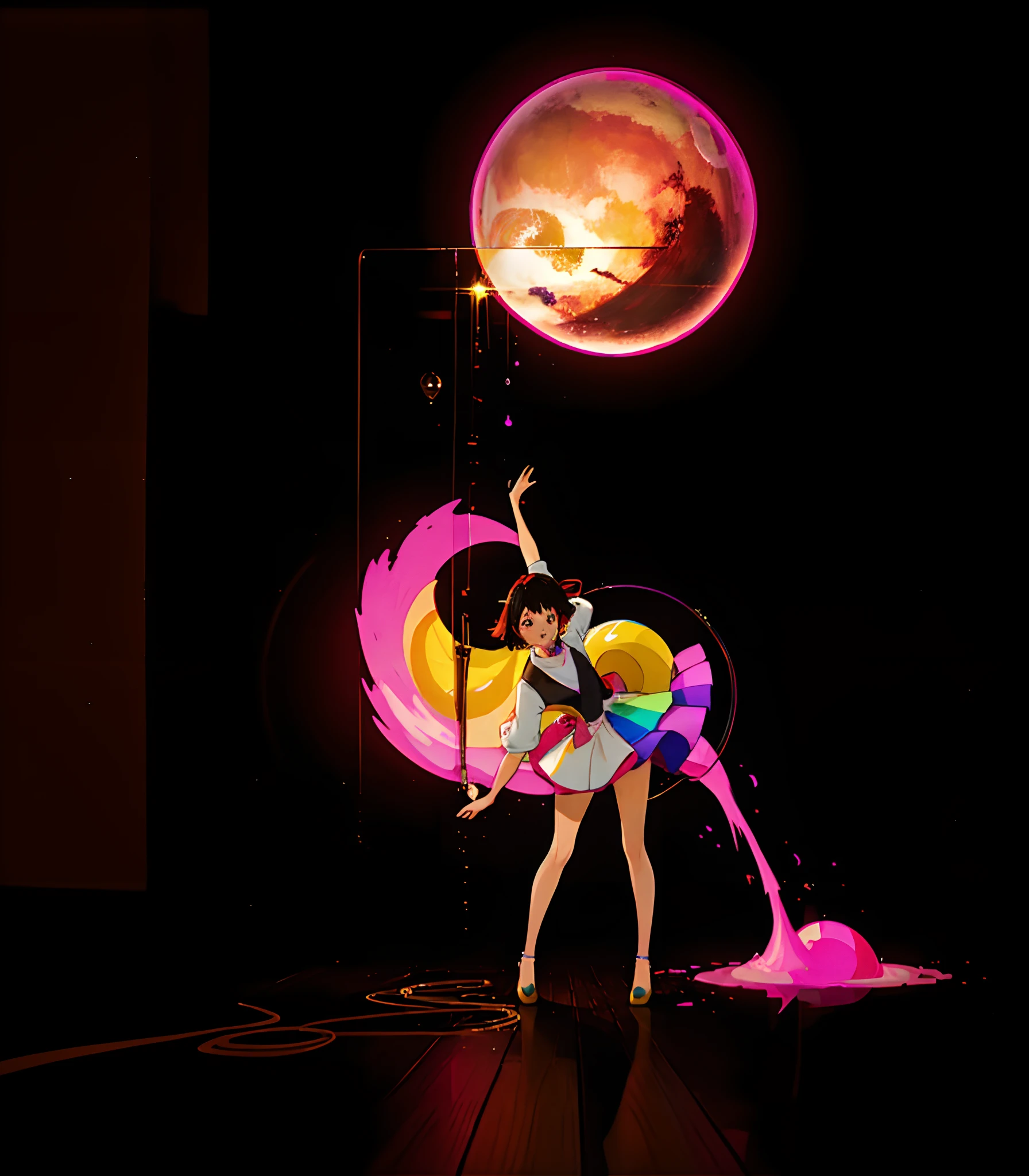 The pink sky grew a huge eye,Drain the wax oil,Turn into a rainbow and dance