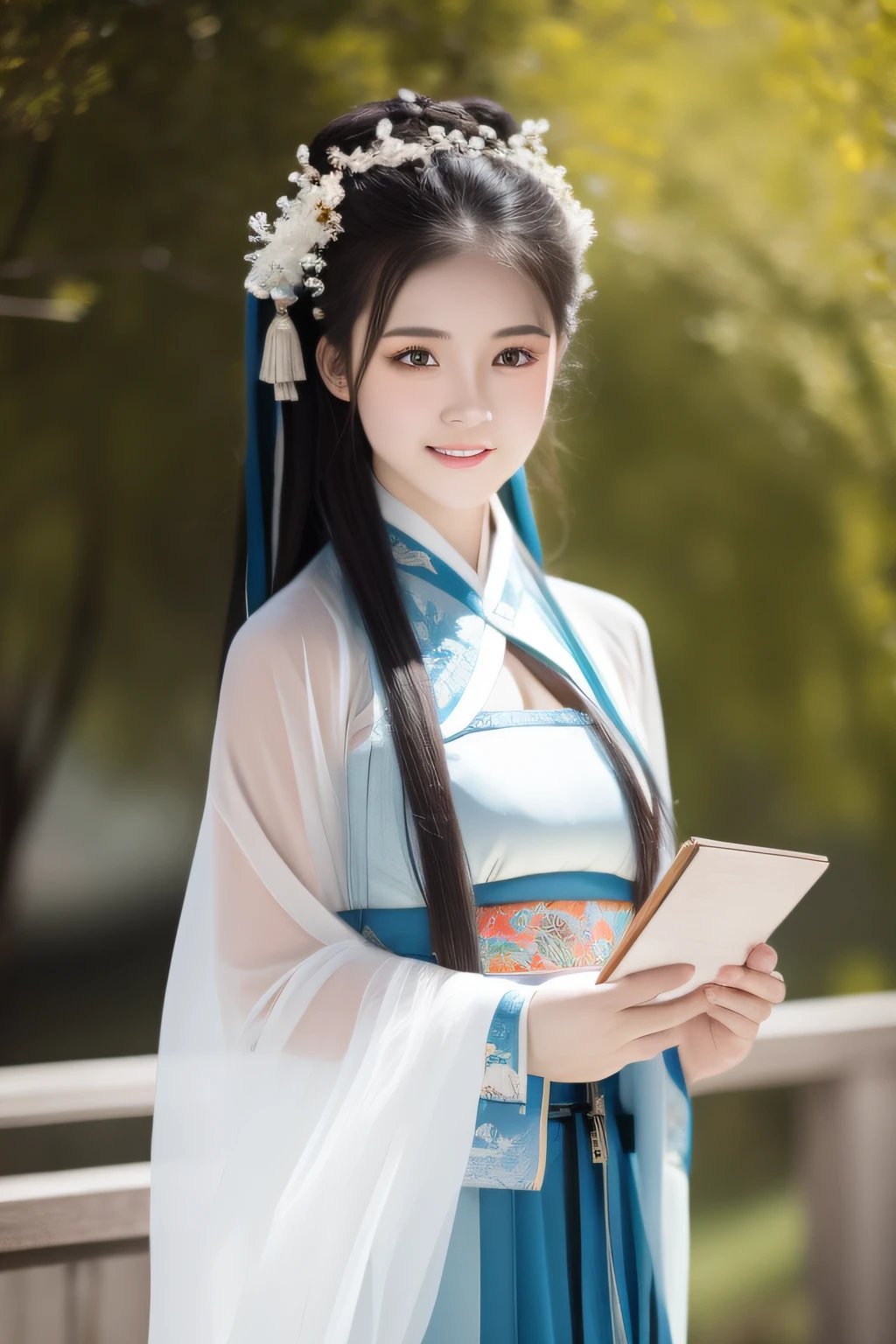 Masterpiece,Master works,Best quality,Extremely detailed CG,8K wallpaper,Beautiful detailed girl,Long shot,Defined "real" light source,En plein air,1girll,Solo,Smile,perfect women figure,Real photos,long whitr hair,Hanfu,Chinese outfit,(Colorful:1.3),Upper body,Look at the reader,Hold a book