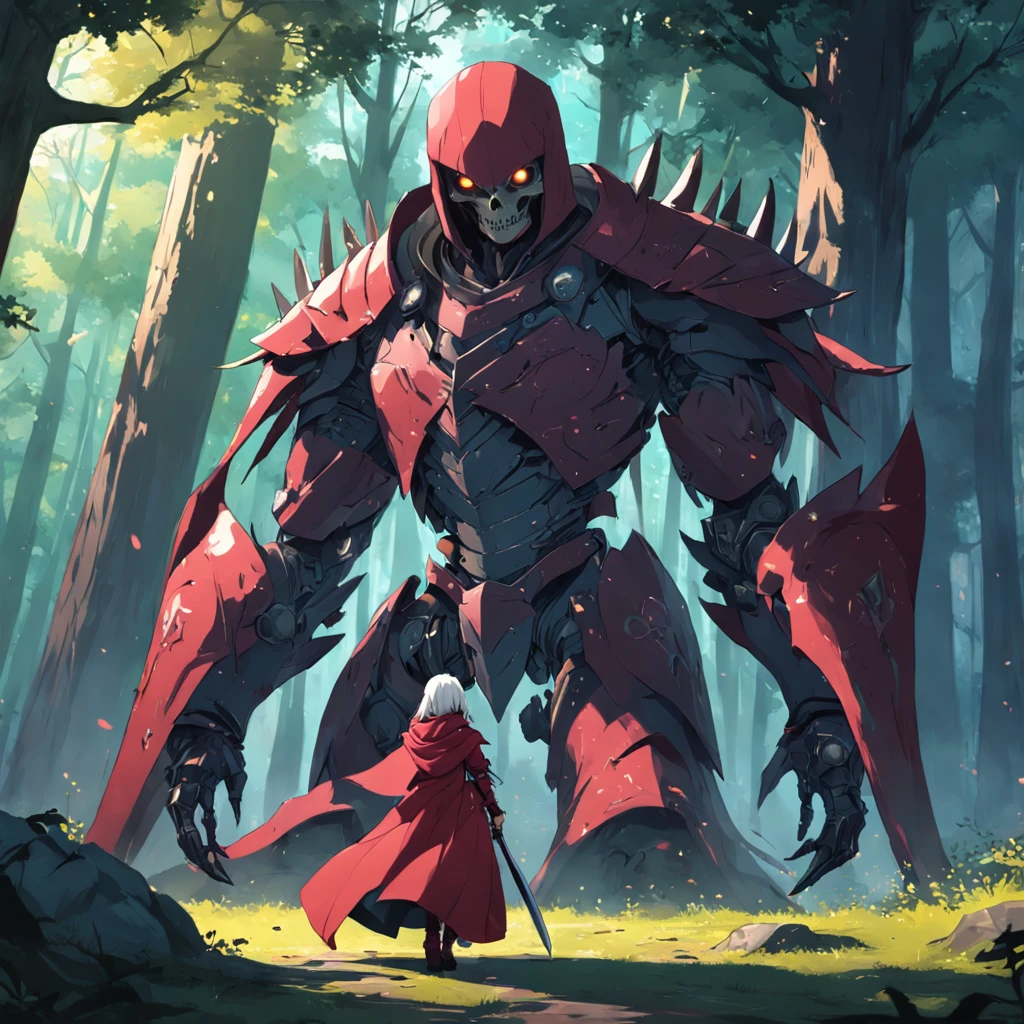 assassins,Medieval armor,epic sense,SKULL ROBOT,There is a red cape,In the forest,Fight large robotic monsters