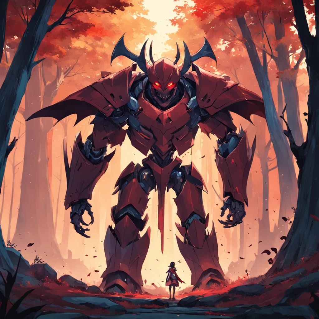 assassins，Medieval armor，epic sense，SKULL ROBOT，There is a red cape，In the forest，Fight large robotic monsters