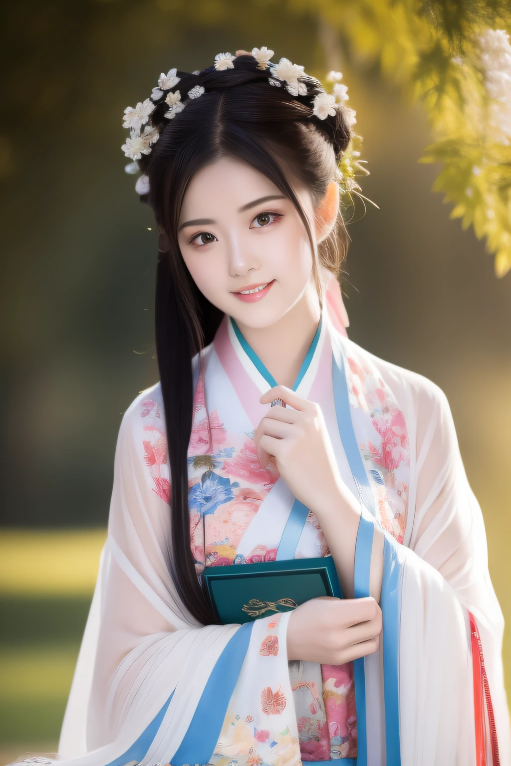 Masterpiece,Master works,Best quality,Extremely detailed CG,8K wallpaper,Beautiful detailed girl,Long shot,Defined "real" light source,En plein air,1girll,Solo,Smile,perfect women figure,Real photos,long whitr hair,Hanfu,Chinese outfit,(Colorful:1.3),Upper body,Look at the reader,Hold a book
