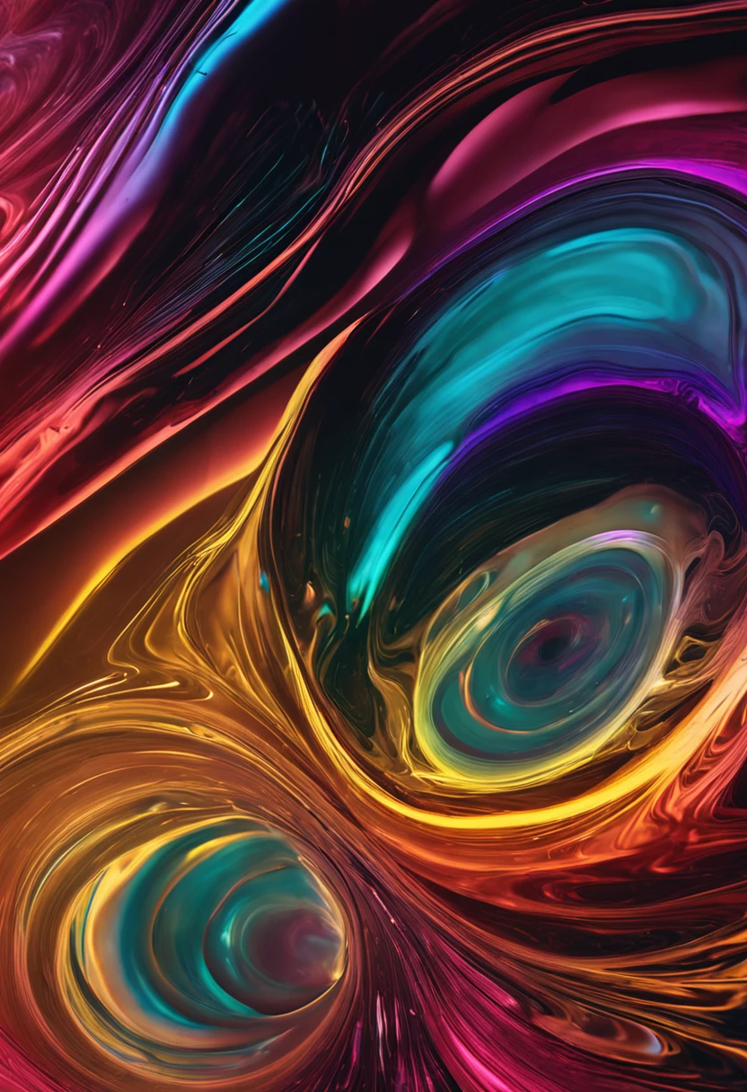 Abstract photo of swirling colored liquid on black background, Micrographs inspired by Gabriel Dawway, pexels, abstract illusionism, Iridescent glossy spots, refracted lighting, 3d style light refraction, high detailed light refraction, Refractive color lines, refracted light, volumetric rainbow lighting