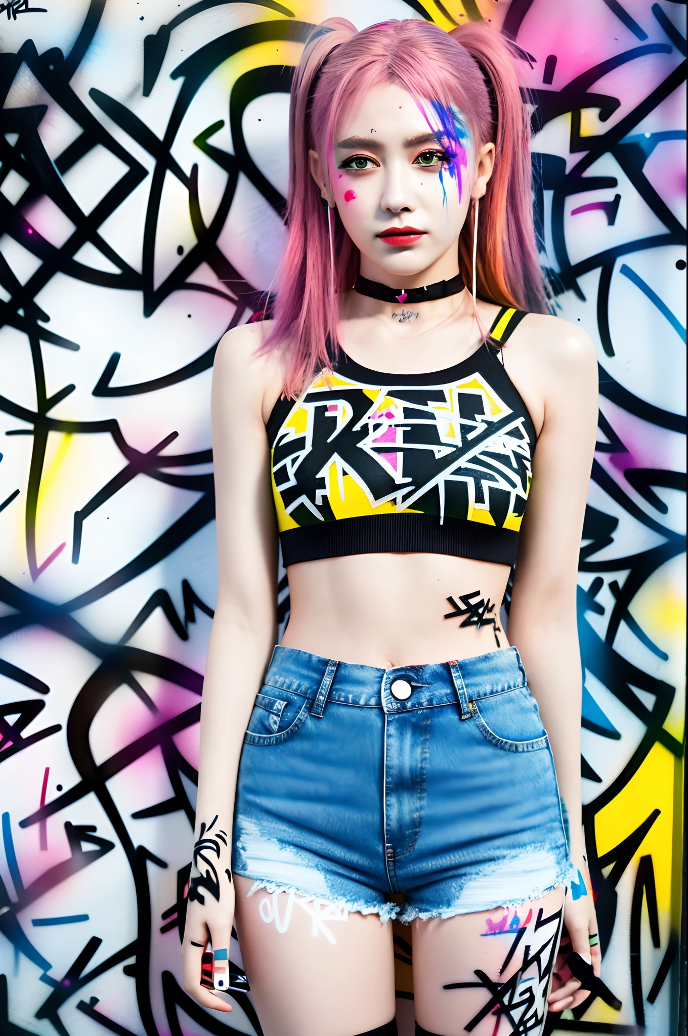 masterpiece, best quality, 1girl, solo, crop top, denim shorts, choker, (graffiti:1.5), paint splatter, arms behind back, against wall, looking at viewer, armband, thigh strap, paint on body, head tilt, bored, multicolored hair, aqua eyes, headset,