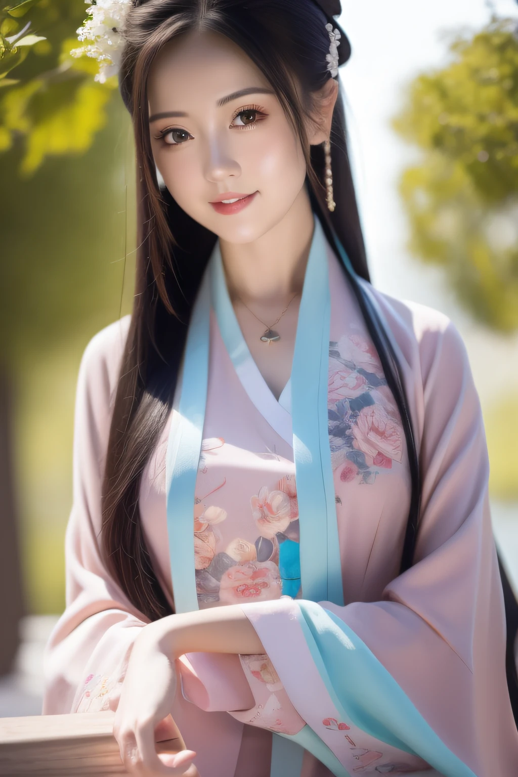 Masterpiece,Master works,Best quality,Extremely detailed CG,8K wallpaper,Beautiful detailed girl,Long shot,Defined "real" light source,En plein air,1girll,Solo,Smile,perfect women figure,Real photos,long whitr hair,Hanfu,Chinese outfit,(Colorful:1.3),Upper body,Look at the reader,Hold a book