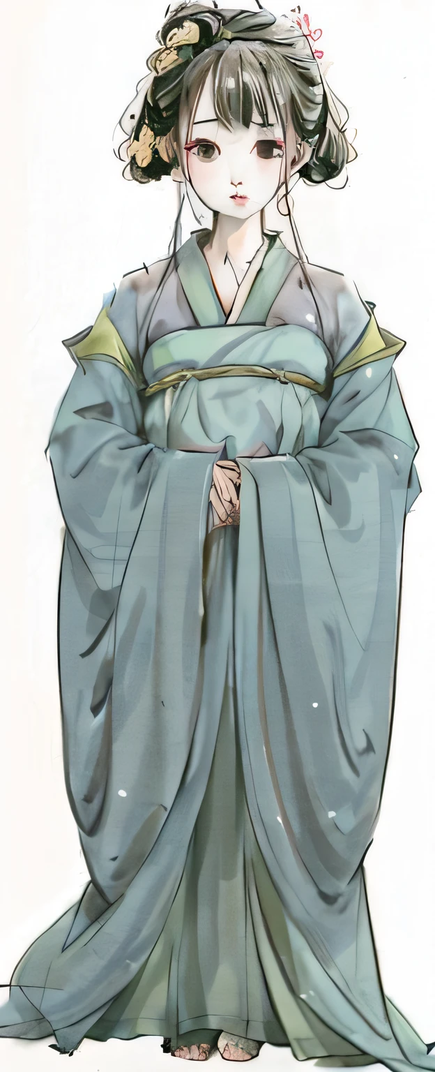 A picture of a woman dressed in Tang Dynasty costume, concept art of a monk, new costume concept design, inspired by Torii Kiyonaga, wearing a long flowing robe, full bodyesbian; Front view, wearing a long flowing robe, Outline sketch, concept sketches, full body concept, In the blue robe, clothed in ancient suit, flowing hair and long robes。Black hair，The clothes are aqua blue，with fair skin，Good facial features