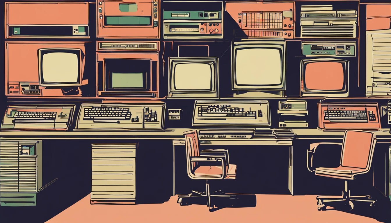 There is a small desk with a computer, teclado, and other electronic equipment, monitor de computador antigo, computador antigo, 1 9 8 0 s tecnologia, retro style and 1 9 8 0 s, background 1970s office, 1 9 8 0 s computadores, computadores antigos, 1 9 8 0 s analog video, computer aesthetic, baixa luminosidade, Dirty and messy environment, realistic scenario, foto realista, foto real
