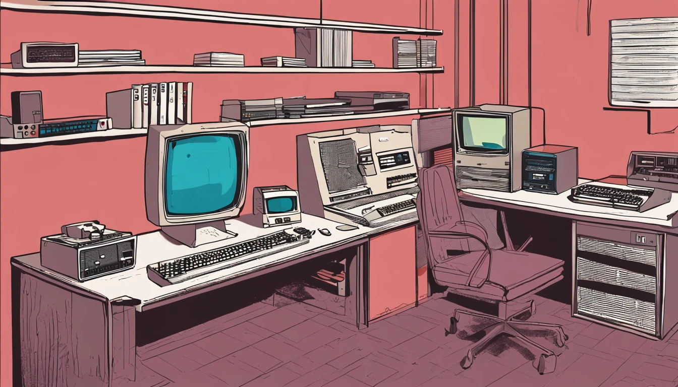 There is a small desk with a computer, teclado, and other electronic equipment, monitor de computador antigo, computador antigo, 1 9 8 0 s tecnologia, retro style and 1 9 8 0 s, background 1970s office, 1 9 8 0 s computadores, computadores antigos, 1 9 8 0 s analog video, computer aesthetic, baixa luminosidade, Dirty and messy environment, realistic scenario, foto realista, foto real