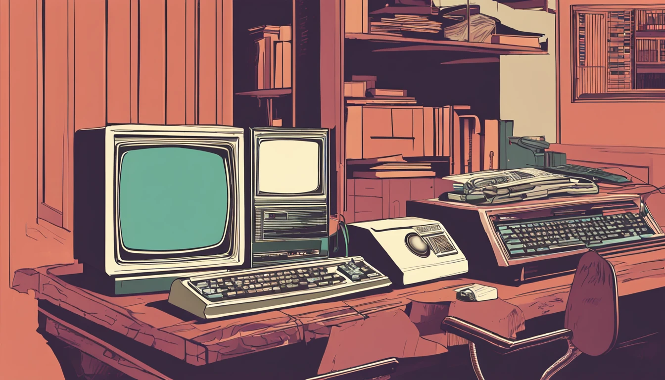 There is a small desk with a computer, teclado, and other electronic equipment, monitor de computador antigo, computador antigo, 1 9 8 0 s tecnologia, retro style and 1 9 8 0 s, background 1970s office, 1 9 8 0 s computadores, computadores antigos, 1 9 8 0 s analog video, computer aesthetic, baixa luminosidade, Dirty and messy environment, realistic scenario, foto realista, foto real