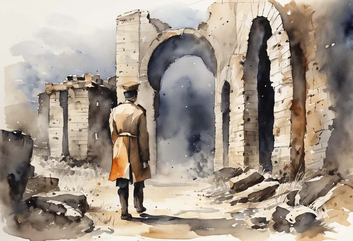 A male student in a student uniform and a female student in a trench coat face away from the photo,Walk through vast ruins,Under a black sky,In the distance, There is a fuzzy black monster in the fog。