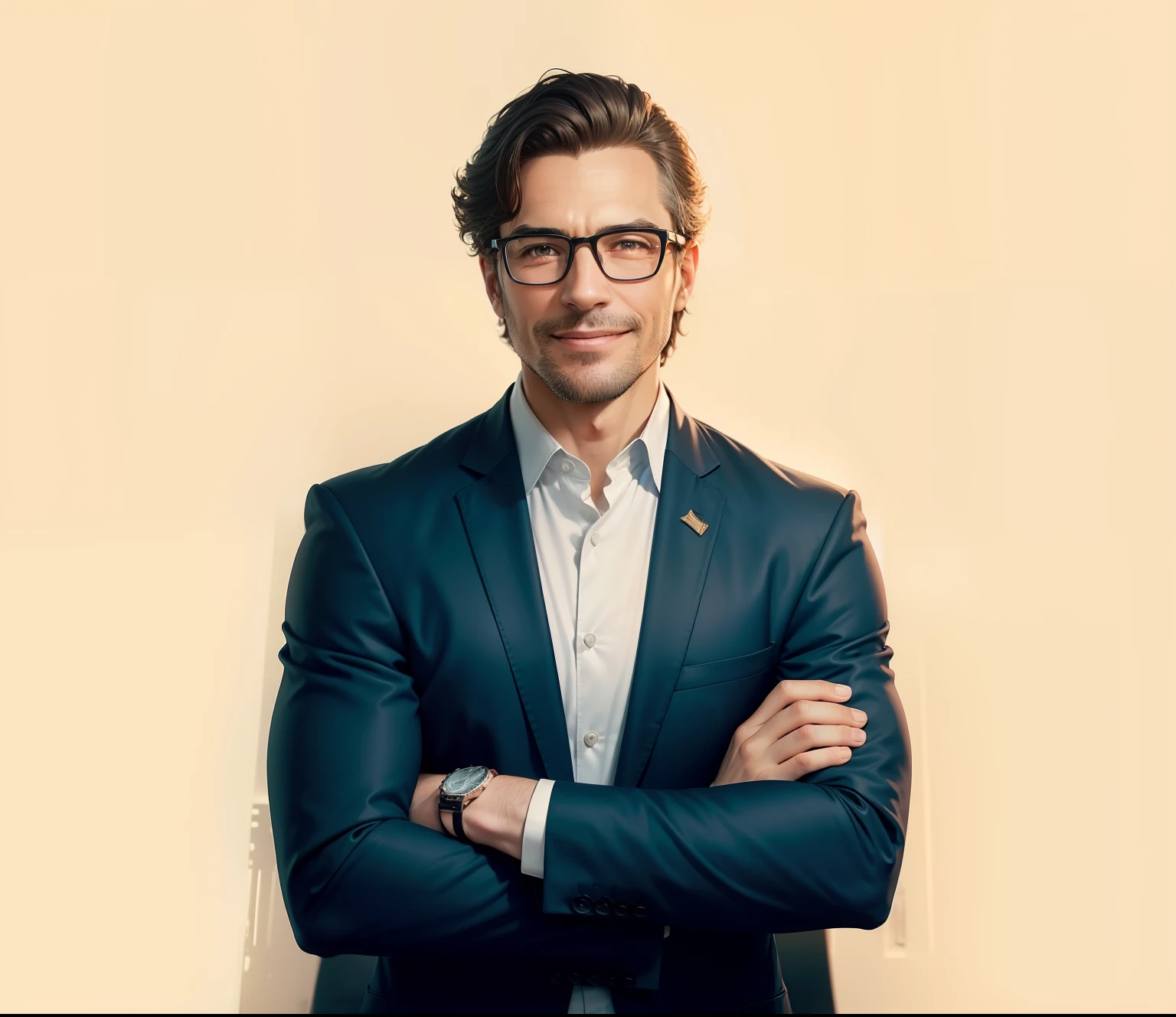 there is a man with glasses and a suit standing with his arms crossed, professional profile photo, professional profile picture, man with glasses, solid background, photo of a man, high quality portrait, wearing a suit and glasses, corporate portrait, professional portrait, a photo of a man, corporate photo, middle aged man, portrait of a man in a suit, professional portrait photo, laughing