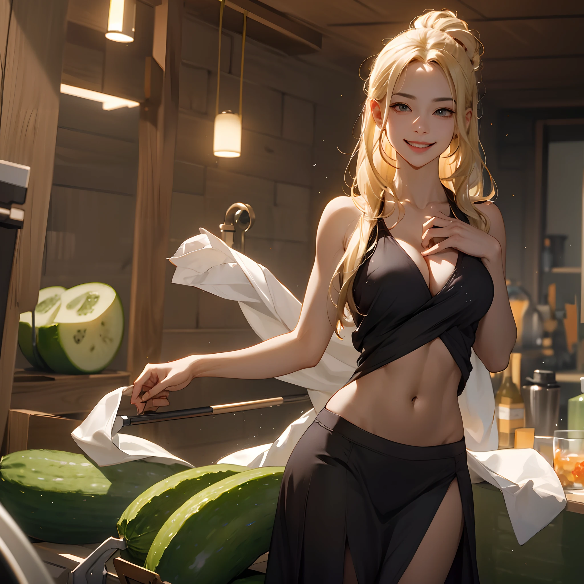 ((Best Picture Quality, 8k, tmasterpiece:1.3，Realisticstyle)), 1girl, Beautiful woman with slender abs:1.3, (Hairstyle: Long blonde hair, Leaky big breasts:1.2，Full chest detail), no clothes are worn:1.1, Ultra-fine face,Cucumber inserted in the middle of the chest， A detailed eye, 二重まぶた，Evil smile，Home