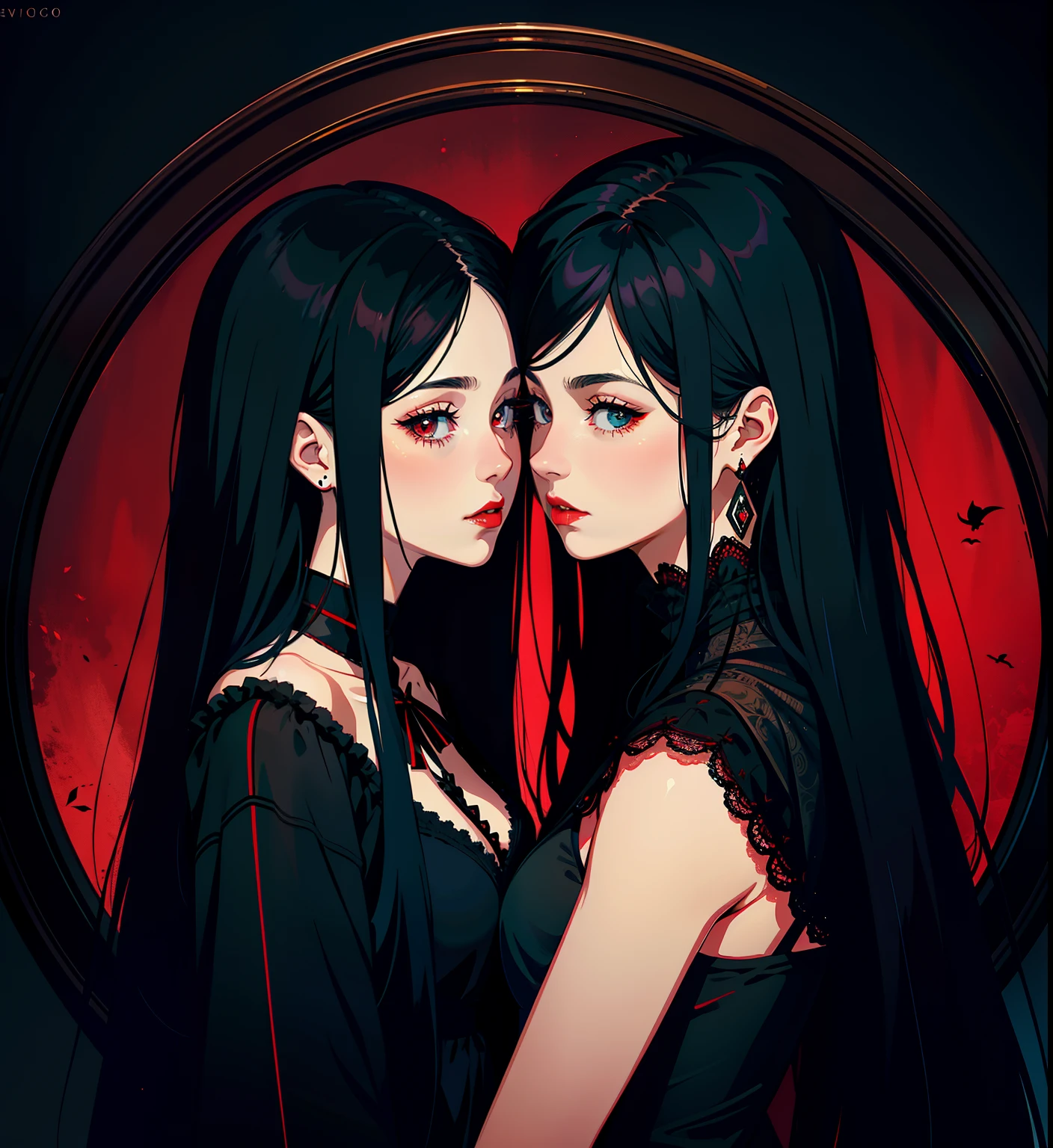 adesivo, fundo simples, portrait, 2 girls, couple, kissing, girl with long hair, beautiful gothic girl, gothic aesthetic, beautiful girl, very beautiful fantasy art, beautiful and elegant female gothic, beautiful detailed fantasy, black and red color palate, black color-theme