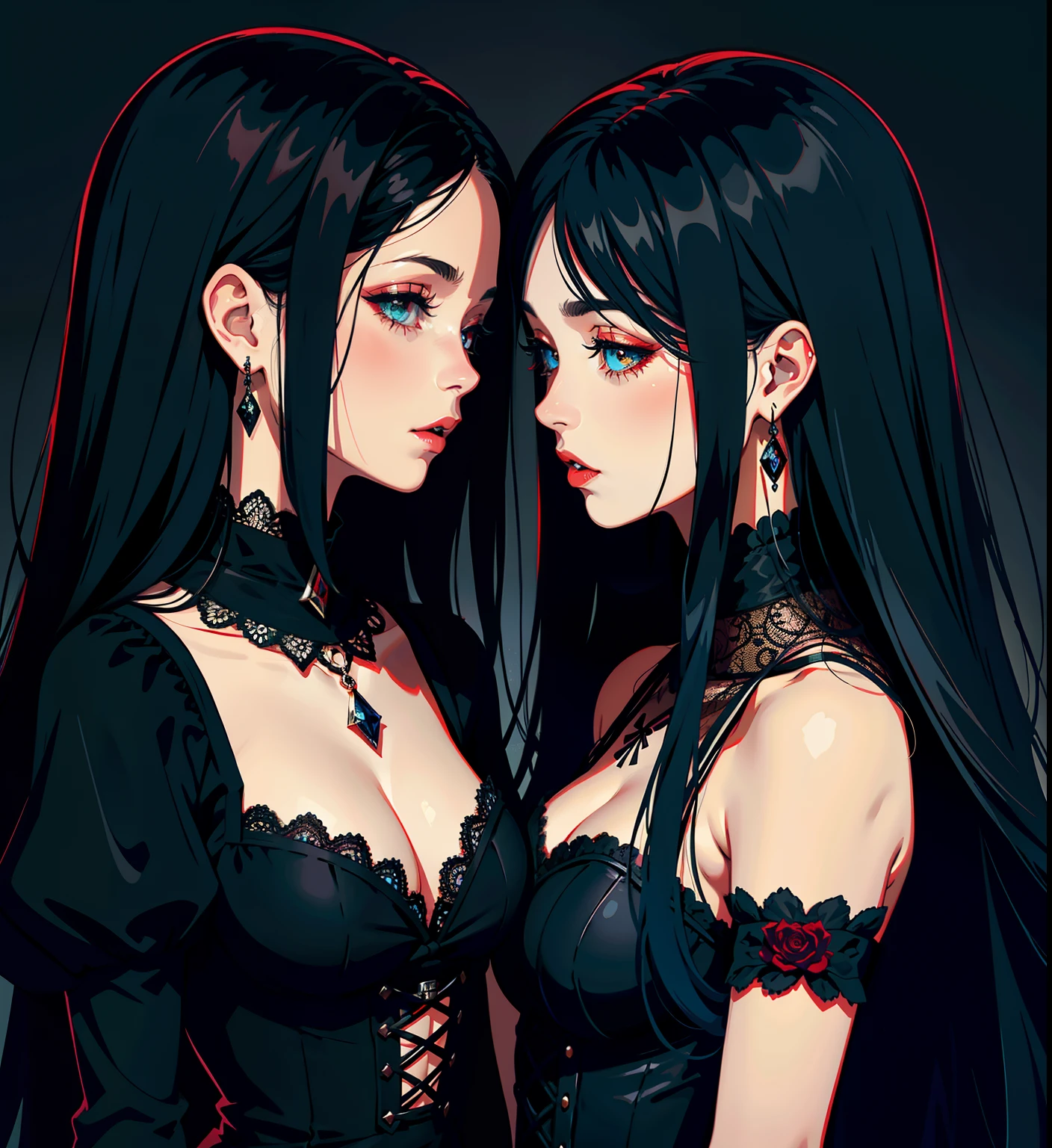 adesivo, fundo simples, portrait, 2 girls, couple, kissing, girl with long hair, beautiful gothic girl, gothic aesthetic, beautiful girl, very beautiful fantasy art, beautiful and elegant female gothic, beautiful detailed fantasy, black and red color palate, black color-theme