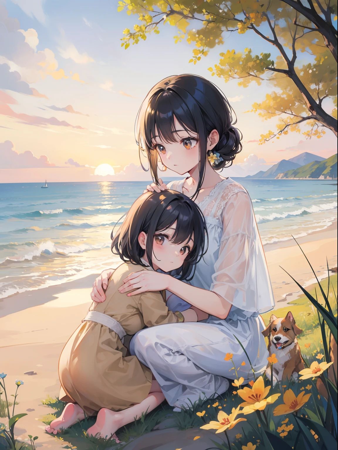 Generate an illustration in a charming illustrative style depicting a woman, her daughter, and their dog gazing at a beautiful sunset. The three figures stand together, forming a small family group, on a serene hillside or beach. The setting sun bathes the scene in warm hues, casting a golden glow over their faces and surroundings. The woman's expression should reflect a sense of contentment and love, as she shares this moment with her daughter and loyal canine companion. The illustration should capture the bond between them and the simple joy of appreciating nature's beauty together.