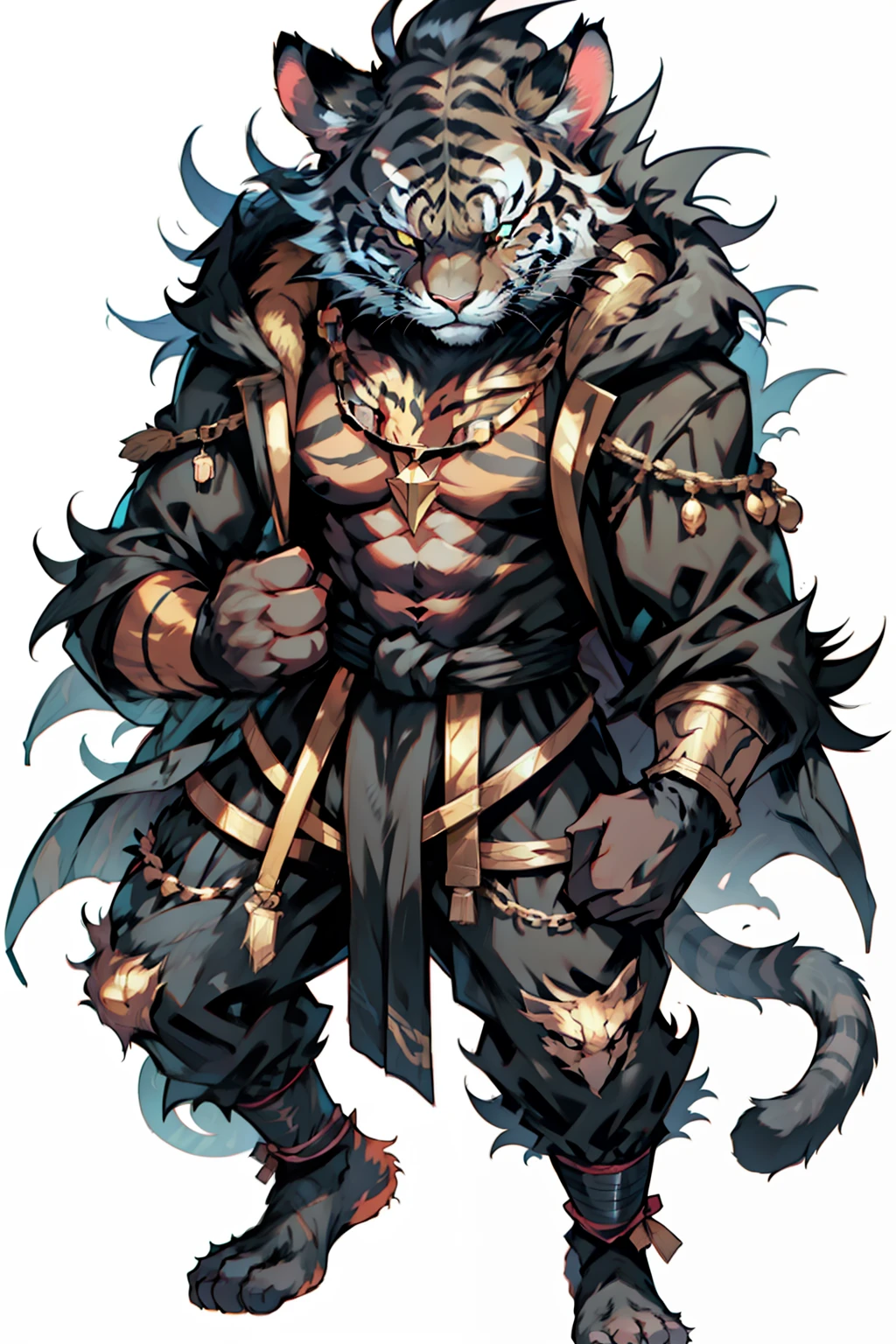 Beast creature, Cat face, a black tiger face, whole body covered in hair, fur, and tiger stripes, wearing the clothes of a black hooded jumpsuit with a waistband, black sash around the waist, wearing golden necklace, full body to toes and feet, topless, street fighter, random boxing pose, white background,