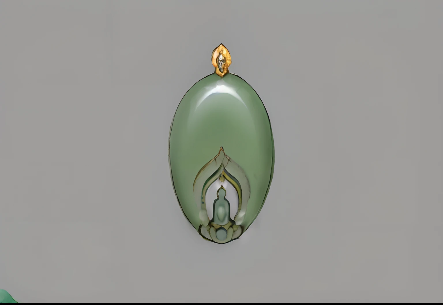 There is a green jade,Gold top on gray background, a jewellery design, pendant, Lotus, Concept illustration, inspired by Kaigetsudō Ando, artist rendition, inspired by Shūbun Tenshō, artist rendition, inspired by Kaigetsudō Anchi, center view, healing pods, embedded with gemstones, Renders