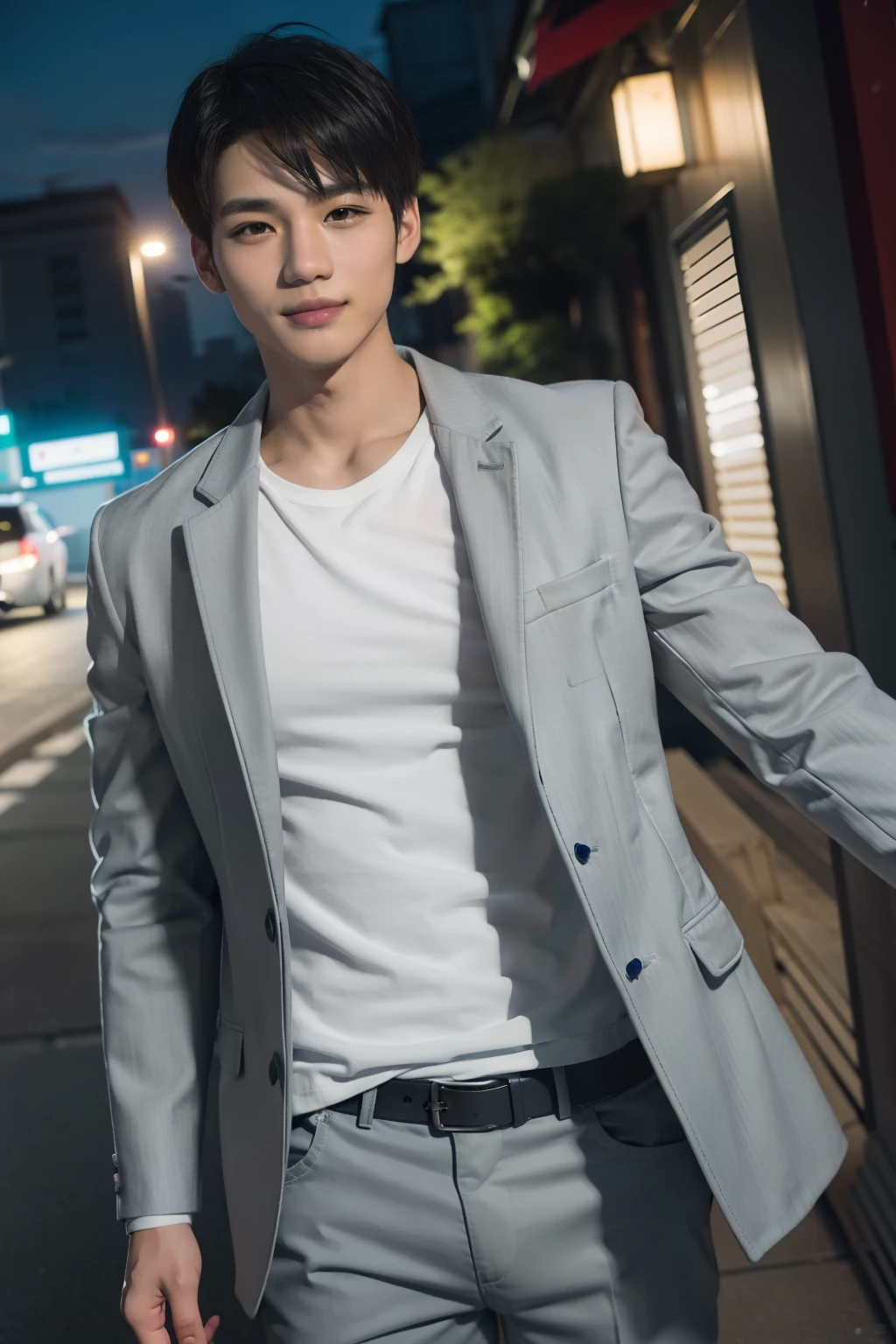 （hoang lap，A high resolution，hyper-detailing，HDR），tmasterpiece，best qualtiy，1boy，handsome，short detailed hair，Fine eyes and detailed face，（whitet-shirt），（grey jacket），dimple，Night Street，nightcity，midynight，self-shot，Light smile