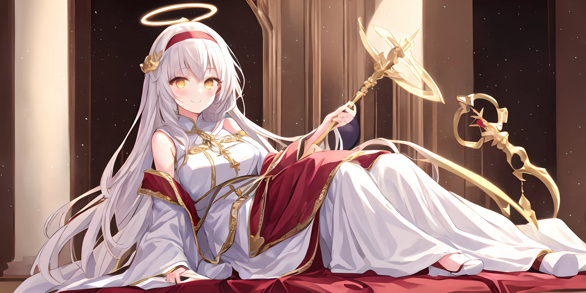 Pope full body,one-girl,Poor milk,On the scepter,Lie down in bed(long white robe,The pattern is complex))red shawl,(cute anime face),Gold eyes,long white hair,ssmile,The halo,(Sit on a low throne),In a magnificent castle,ultraclear