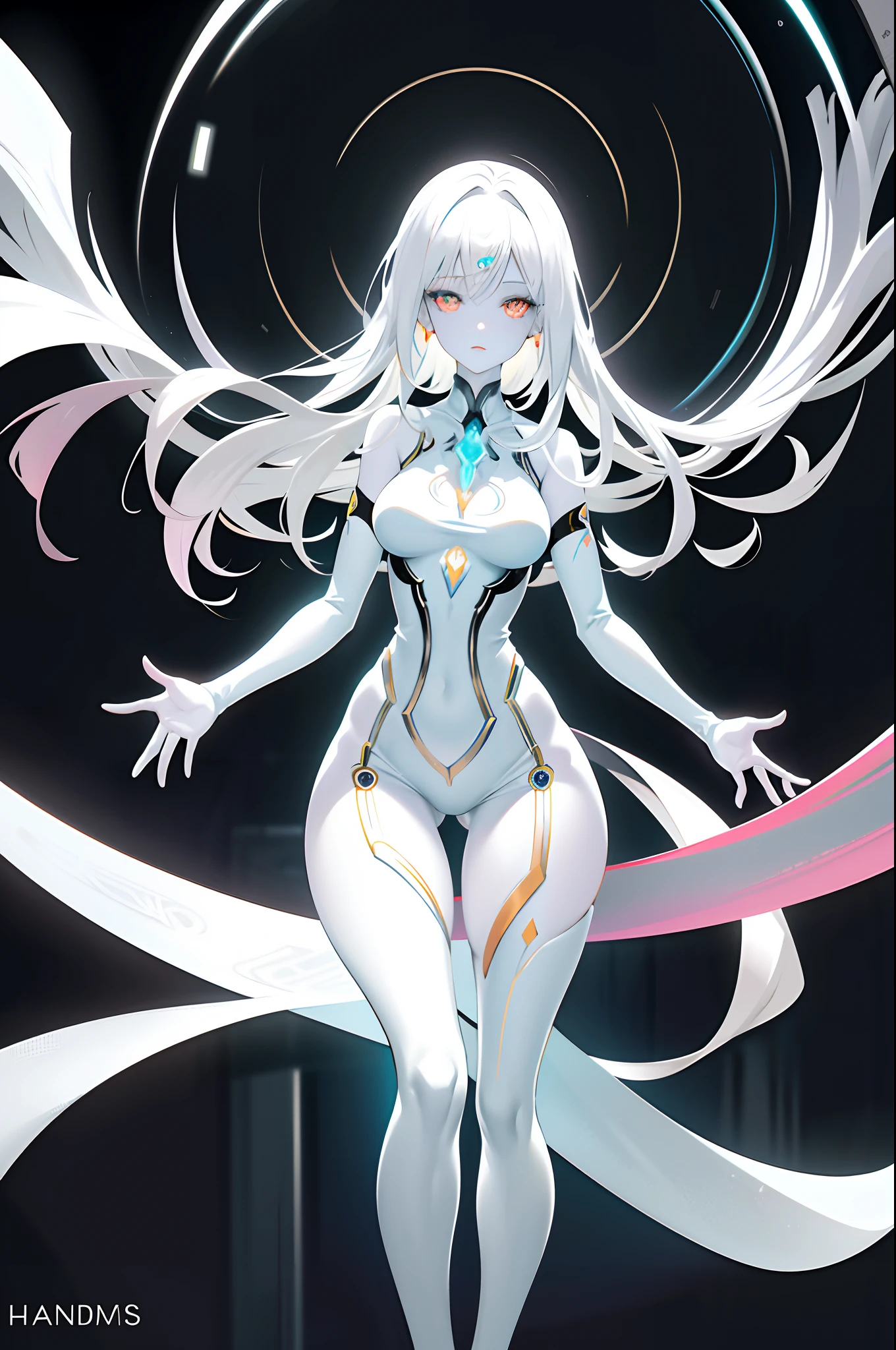 Close up, Gorgeous girl, Pale white skin, Cyborg, ((White skin)), Hourglass body, Slim body, Sexy, full bodyesbian, Thigh neon transparent dress, (Dark background), Bioluminescent tattoos, Cinematic lighting, Intricate, Masterpiece, Best quality