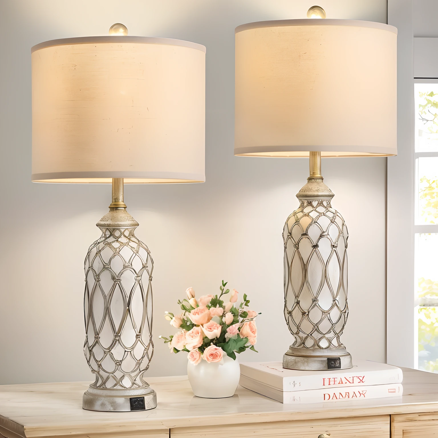 There are two lamps on the table,There is a vase on it, light fixtures, beautiful lit lamps, magnificent design, Beautiful design, Rustic, elegant lighting, serene scene, designed for cozy aesthetics!, elegant intricate, glowing lamps, Ivory, intricate glow accents, Full of detail, beautifully lit, Fine spot lighting, Comfortable lighting, intricatedesign, exquisitedetails