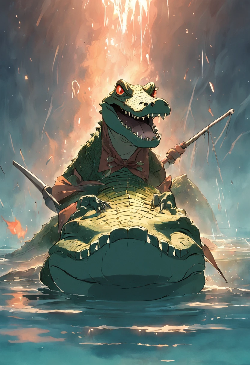 Humanoid crocodile sailor style,Smoking in a machete on a boat