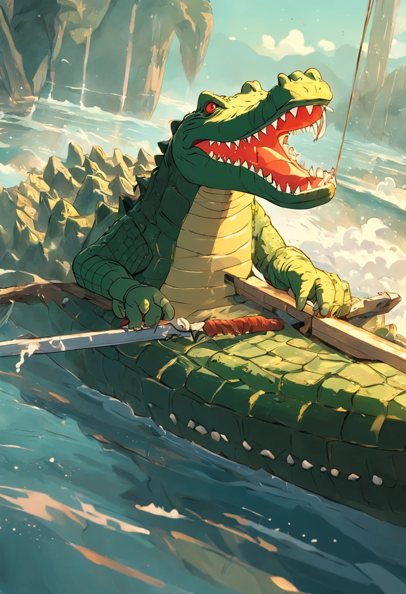 Humanoid crocodile sailor style,Smoking in a machete on a boat