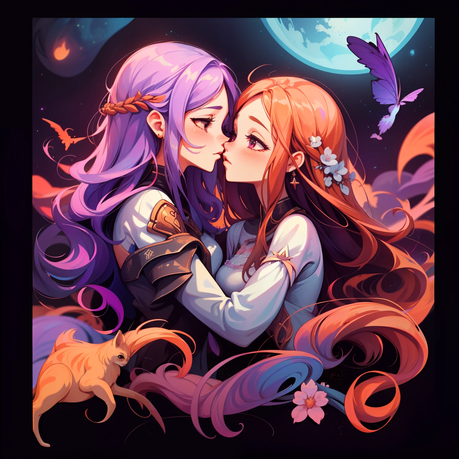 adesivo, fundo simples, portrait, 2 girls, couple, kissing, girl with long hair, beautiful sagittarius girl, sagittarius aesthetic, beautiful girl, very beautiful fantasy art, beautiful and elegant female sagittarius , beautiful detailed fantasy, purple and orange color palate, purple color-theme