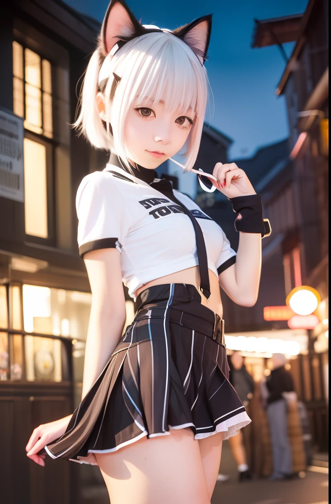 1girl,koneko toujo,cat ear,white hair,white uniform,black strip,purple skirt,A cup