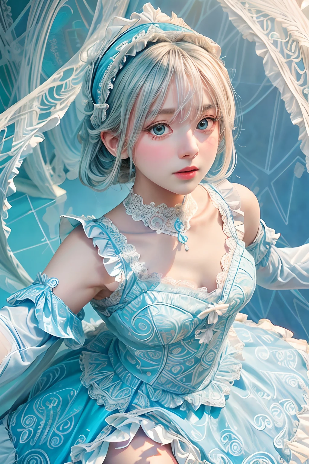Masterpiece, Top Quality, Illustration, Sax Blue, Platinum Earrings, Platinum Necklace, White Dress, 1girl, Cute, (Dynamic Lighting:1.2), Cinematic Lighting, Delicate Facial Features, Detailed Eyes, Sharp Pupils, Realistic Pupils, Depth of Field, Bokeh, Sharp Focus, (Ultra Detail, Bloom, Glow:1.4), Many Small Jewels, (Colossal)))( Full body appearance))