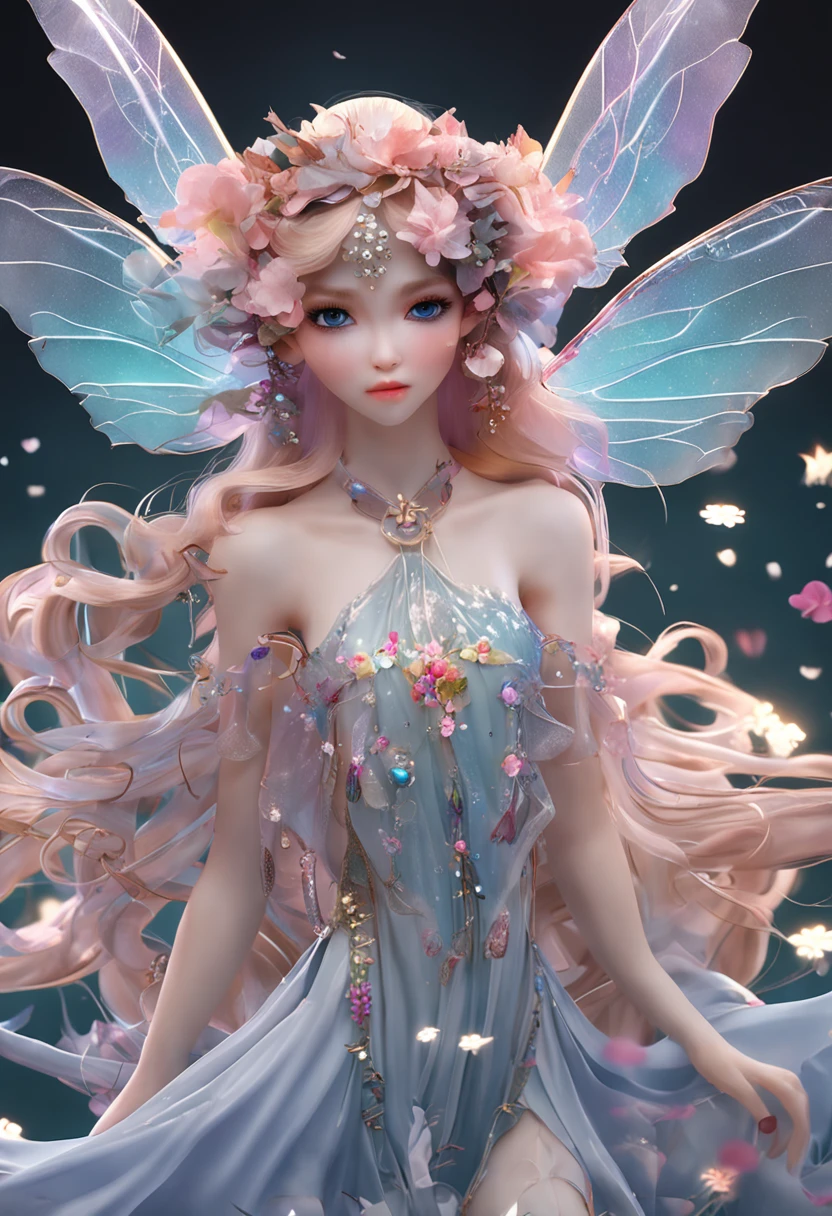 Flower fairy, Transparent colorful wings, Magic wand,China-style,8K,Light mature style,The eyes are melancholy,Anatomical details