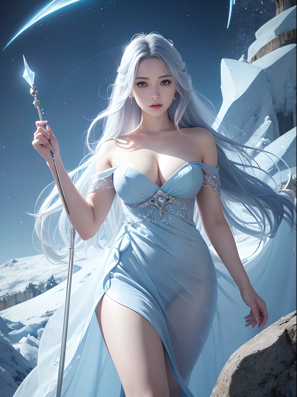 (full bodyesbian),(standing on two feet),A female ice mage holding a staff,Sky blue and gray curls,gossamer dress,The expression is cold,low angle shot, ice mountain,Fantasyart,detail-rich,电影灯光,real photograph,SLR camera,(Very detailed, reasonable design, Clear lines, High sharpness,Best quality, Masterpiece, 4K )