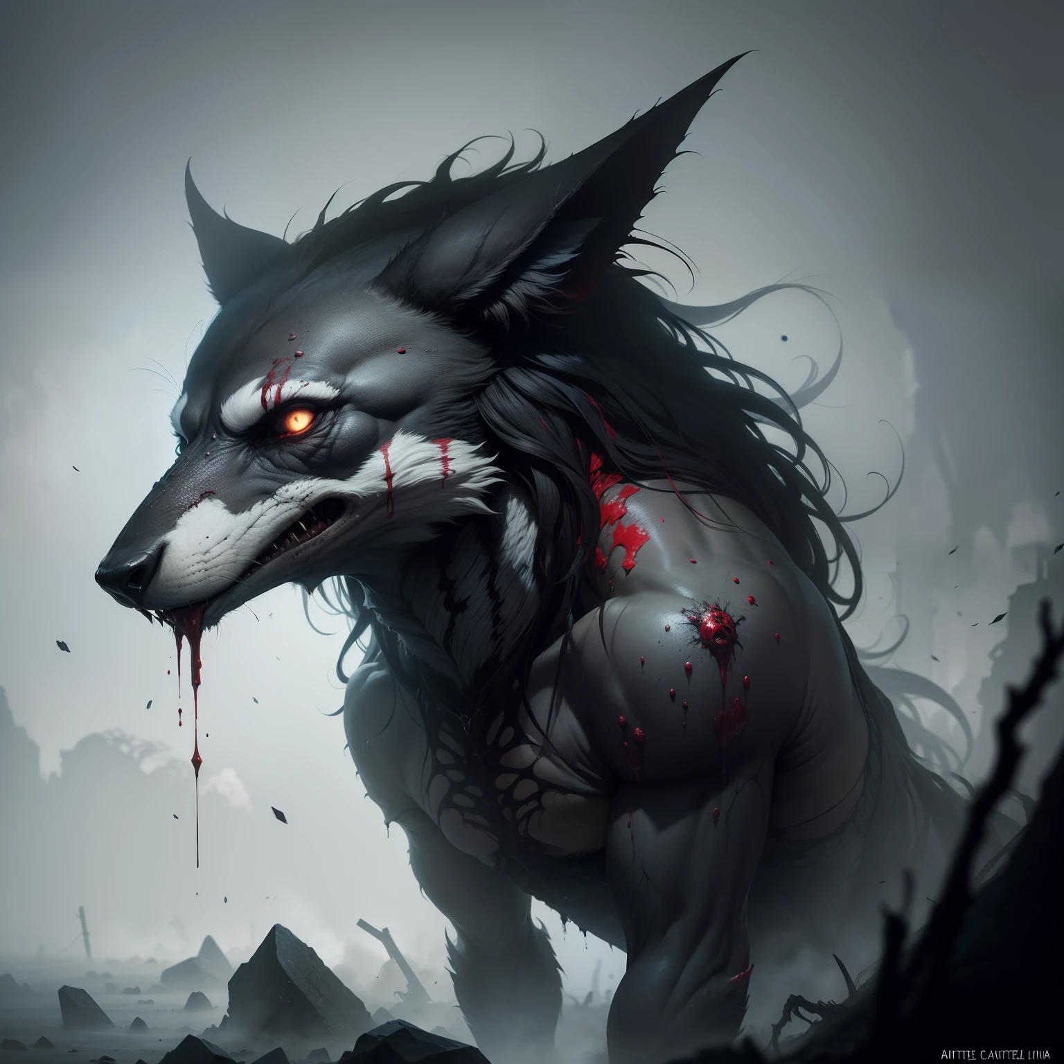 Uma pintura de um lobo realmente mest, with a bloodied face and a bloody head, carnificina, Sci - Horror Art of Fiction, Science fiction horror art, inspirado em Aleksi Briclot, Presas da carnificina, arte de fantasia de terror, Directed by: Aleksi Briclot, arte conceitual de terror, veneno, Arte de fantasia e terror, Detailed illustration of 4K horror, demonic creature, arte de terror de fantasia sombria